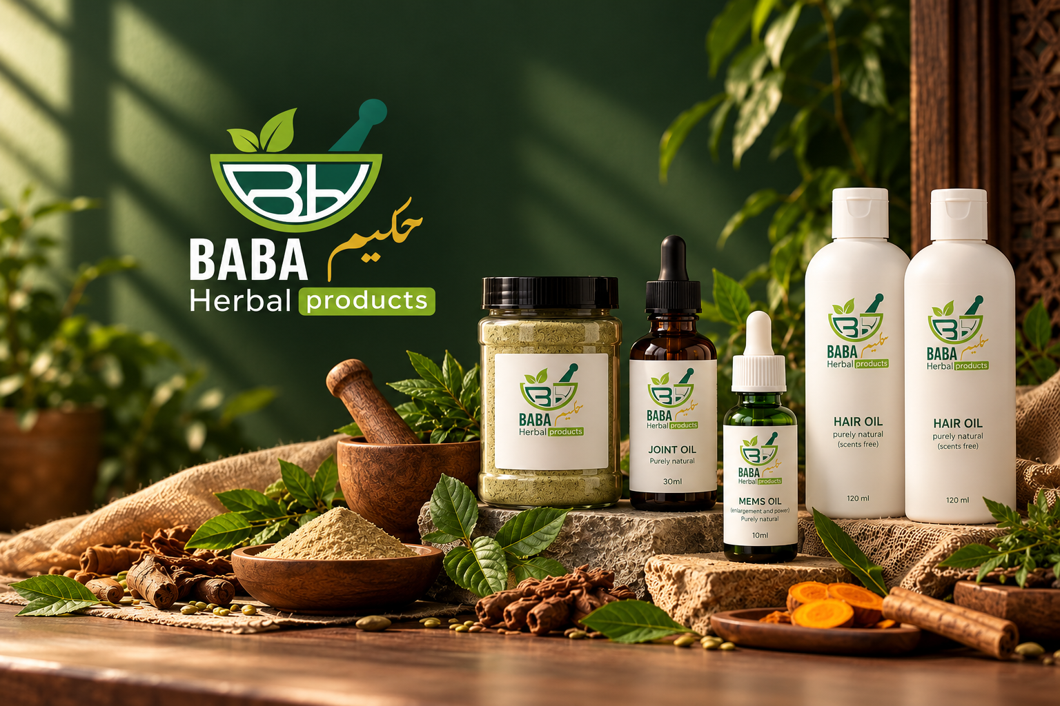 Baba Hakeem herbal products displayed with botanical ingredients