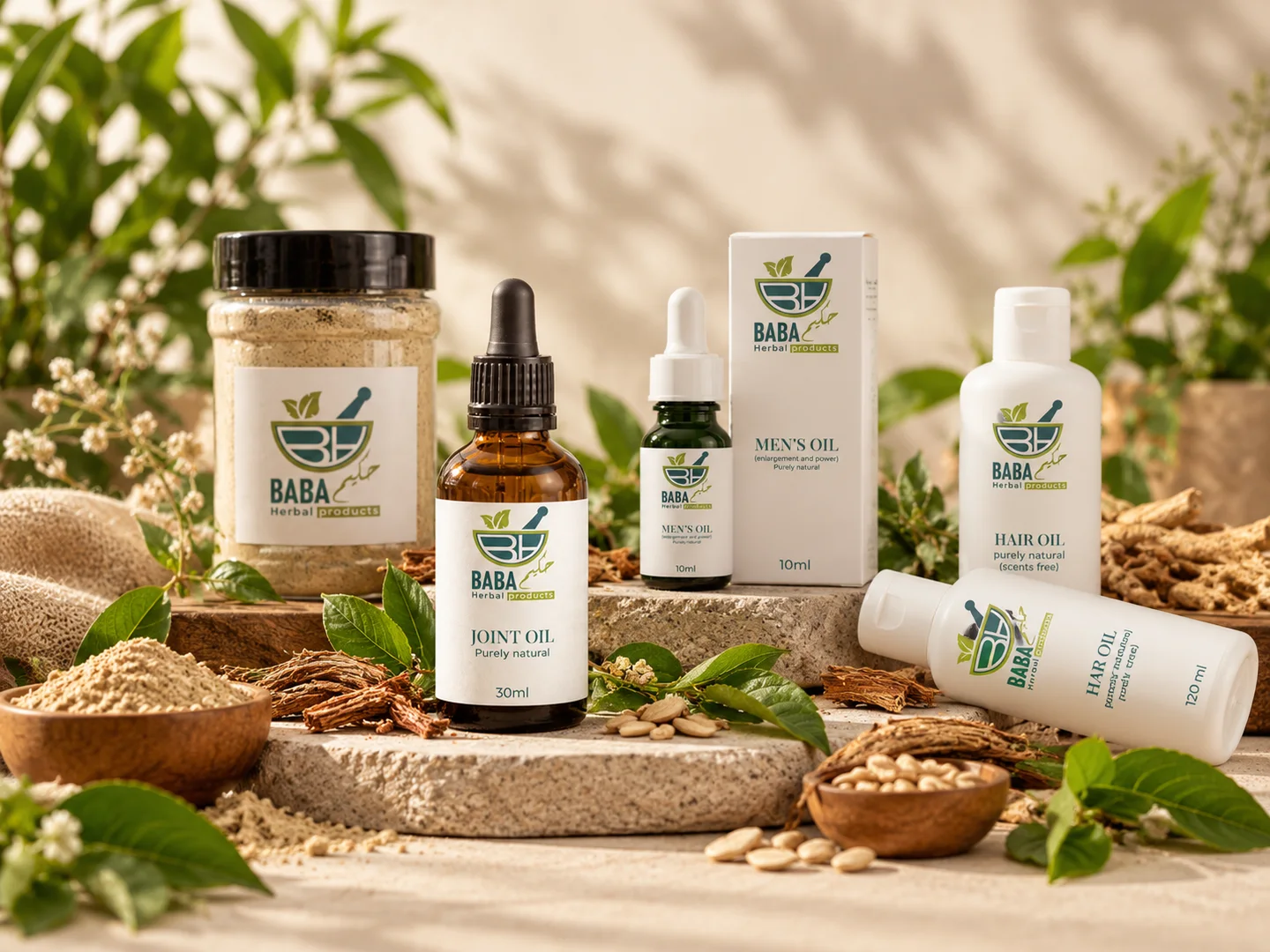 Baba Hakeem herbal products presented with natural ingredients